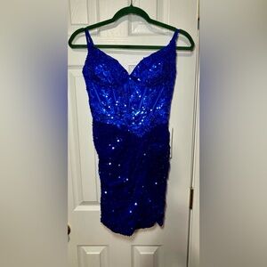 NEW No Tags Dazzling Royal Blue Sequin Mini Dress W/Boning Padding & Zipper Back